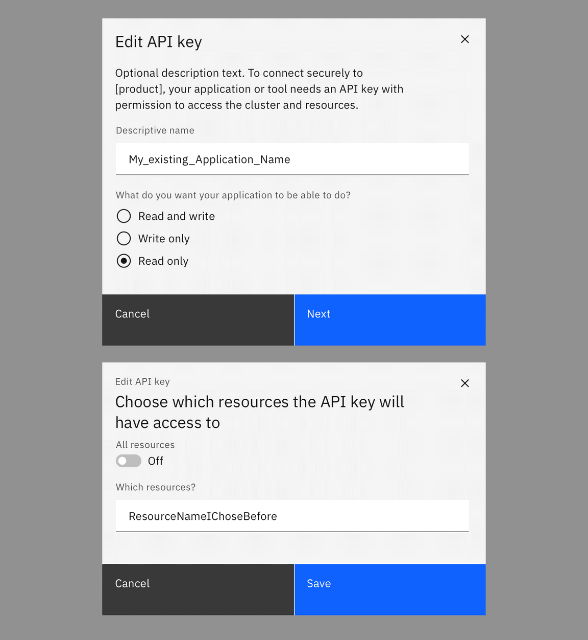 An example of Edit an API key workflow, which ends with a "save" action.