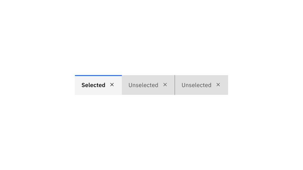 Examples of selected and unselected dismissible contained tabs